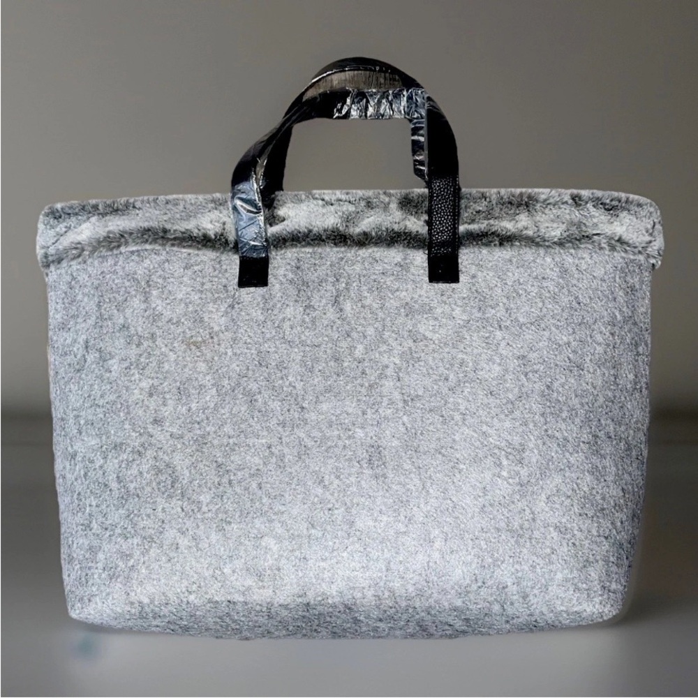 Christmas Tote Gift Bag Santa ‘s Bag Gray Plush Trim Double Handles  Holiday
